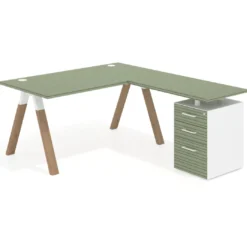 Mesa de escritorio en L con cajones UvePro, estructura blanca/madera, ala pedestal melamina