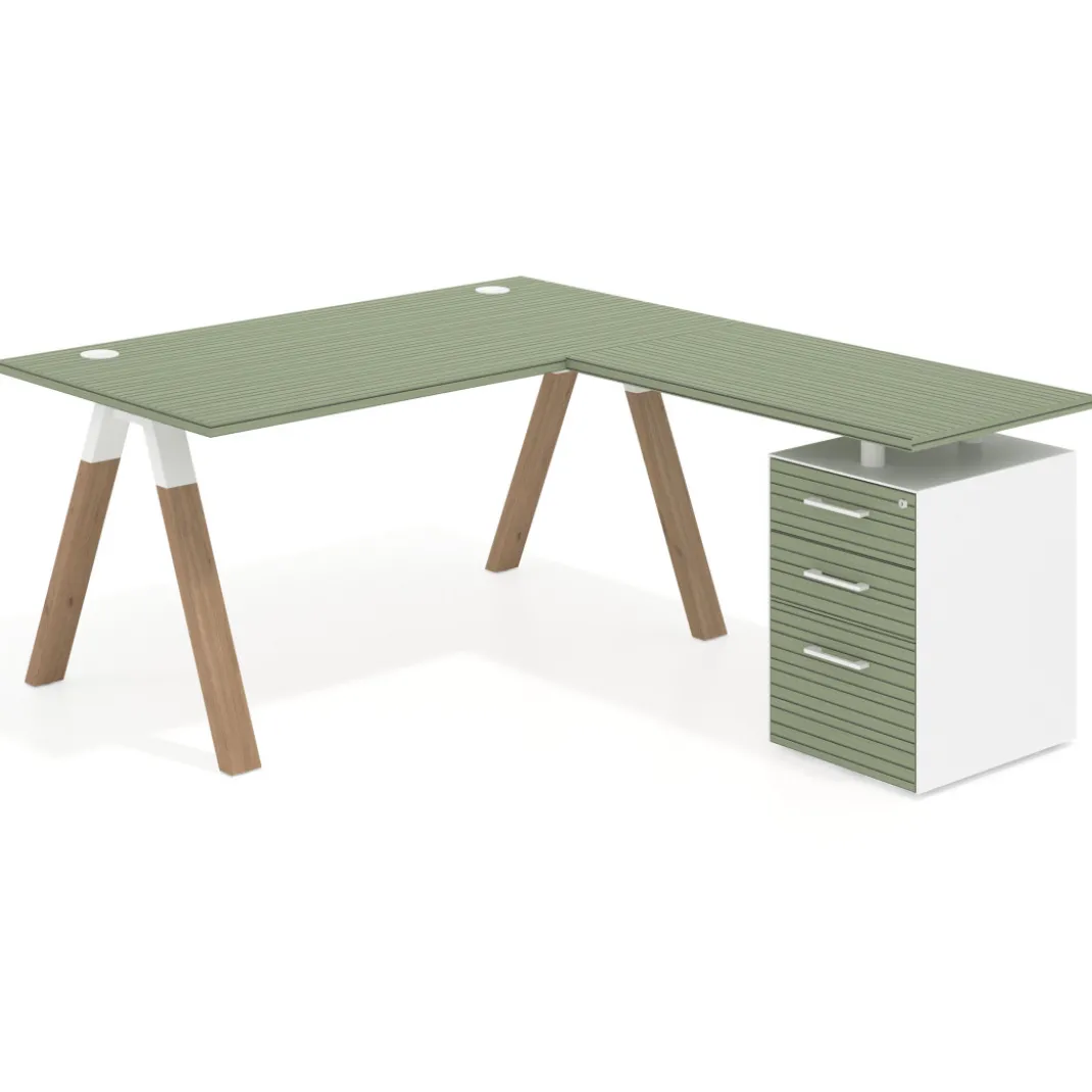 Mesa de escritorio en L con cajones UvePro, estructura blanca/madera, ala pedestal melamina