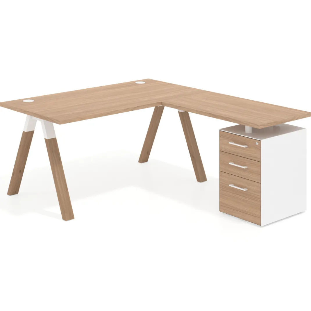 Mesa de escritorio en L con cajones UvePro, estructura blanca/madera, ala pedestal melamina