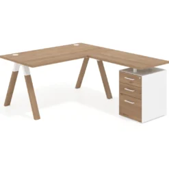 Mesa de escritorio en L con cajones UvePro, estructura blanca/madera, ala pedestal melamina