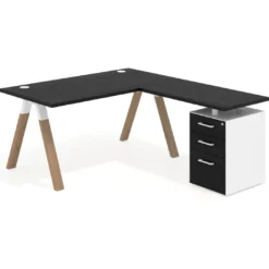 Mesa de escritorio en L con cajones UvePro, estructura blanca/madera, ala pedestal melamina