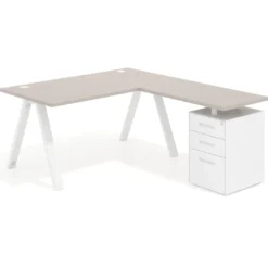 Mesa de escritorio en L con cajones UvePro, estructura blanca, ala pedestal metal