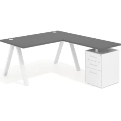Mesa de escritorio en L con cajones UvePro, estructura blanca/madera, ala pedestal melamina