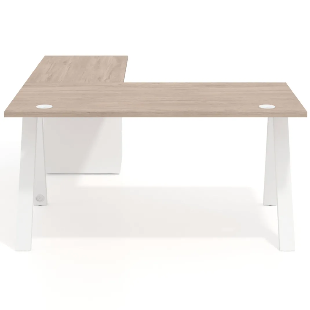 Mesa de escritorio en L con cajones UvePro, estructura blanca/madera, ala pedestal melamina