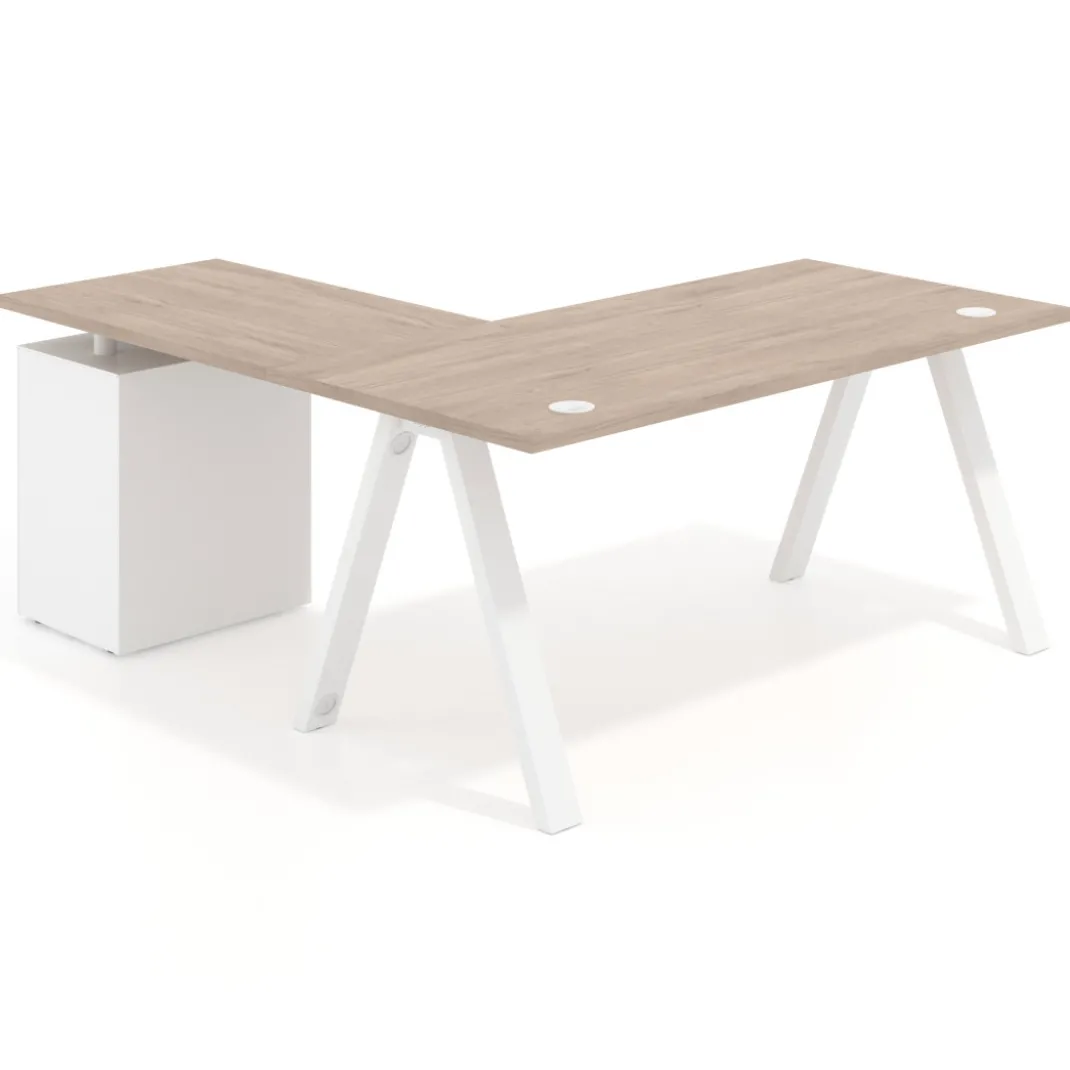 Mesa de escritorio en L con cajones UvePro, estructura blanca/madera, ala pedestal melamina