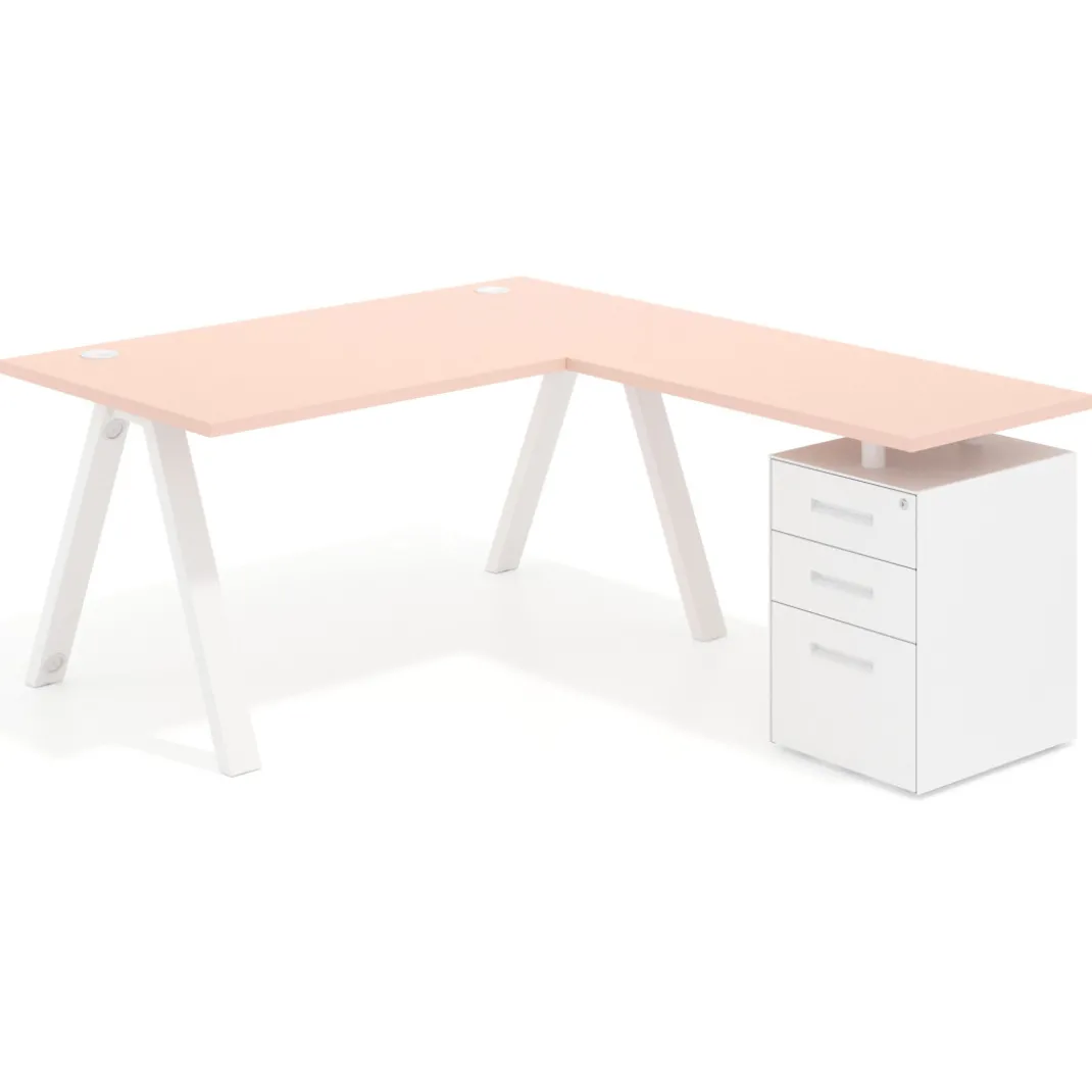 Mesa de escritorio en L con cajones UvePro, estructura blanca/madera, ala pedestal melamina