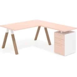 Mesa de escritorio en L con cajones UvePro, estructura blanca, ala pedestal metal