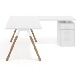 Mesa de escritorio en L con cajones UvePro, estructura blanca, ala pedestal metal
