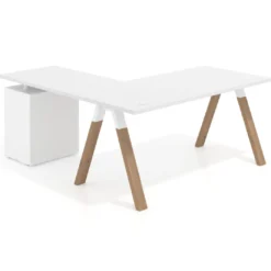 Mesa de escritorio en L con cajones UvePro, estructura blanca, ala pedestal metal