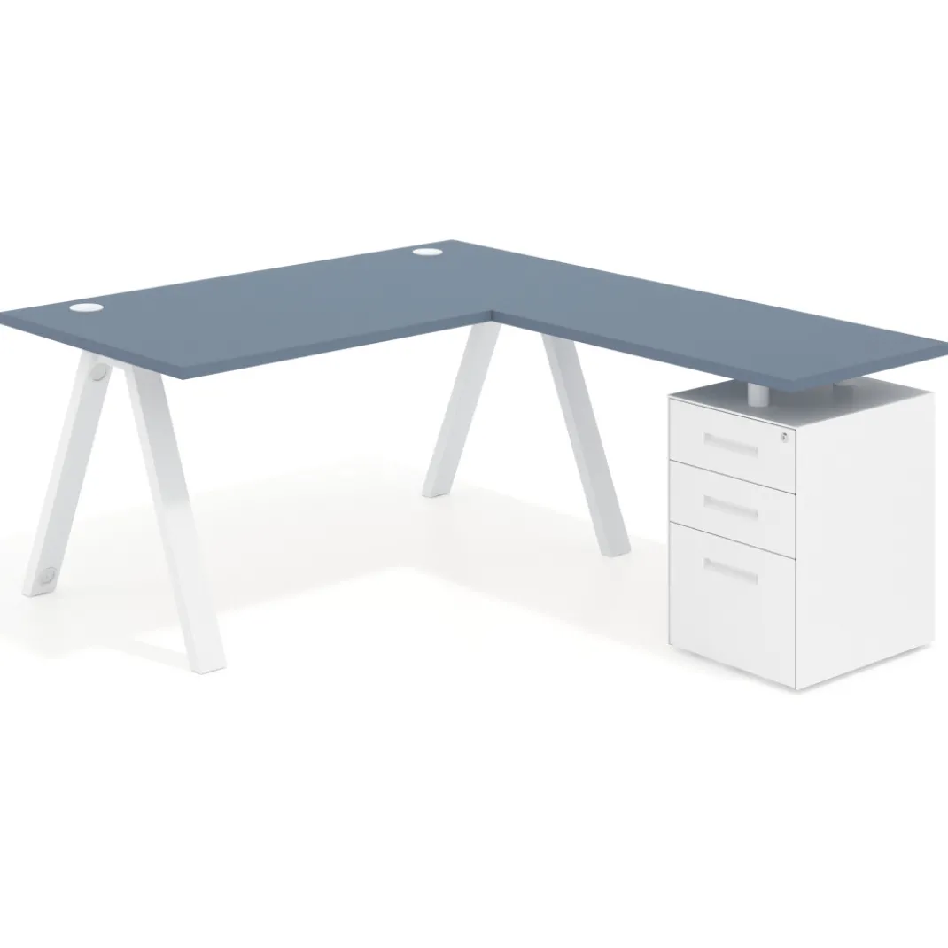 Mesa de escritorio en L con cajones UvePro, estructura blanca/madera, ala pedestal melamina