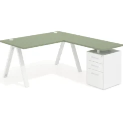 Mesa de escritorio en L con cajones UvePro, estructura blanca, ala pedestal metal