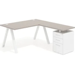 Mesa de escritorio en L con cajones UvePro, estructura blanca/madera, ala pedestal melamina