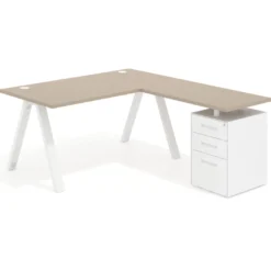 Mesa de escritorio en L con cajones UvePro, estructura blanca/madera, ala pedestal melamina