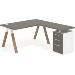 Mesa de escritorio en L con cajones UvePro, estructura blanca/madera, ala pedestal melamina