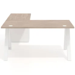 Mesa de escritorio en L con cajones UvePro, estructura blanca/madera, ala pedestal melamina