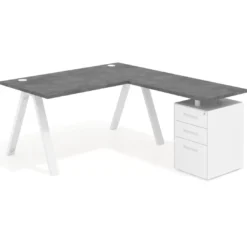 Mesa de escritorio en L con cajones UvePro, estructura blanca/madera, ala pedestal melamina