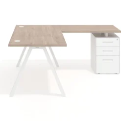 Mesa de escritorio en L con cajones UvePro, estructura blanca/madera, ala pedestal melamina