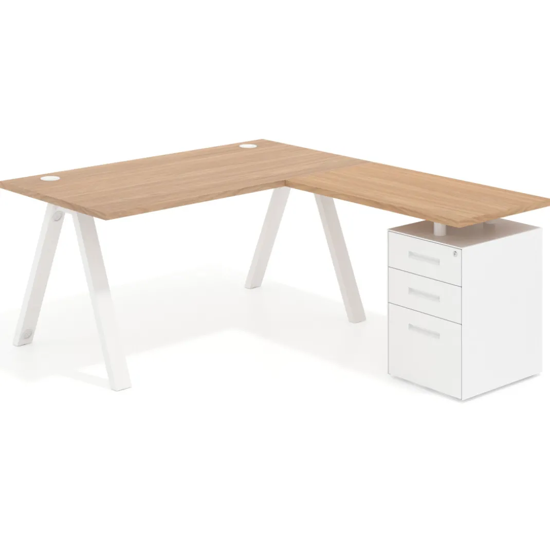 Mesa de escritorio en L con cajones UvePro, estructura blanca, ala pedestal metal