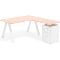 Mesa de escritorio en L con cajones UvePro, estructura blanca, ala pedestal metal