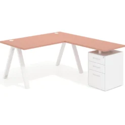 Mesa de escritorio en L con cajones UvePro, estructura blanca, ala pedestal metal