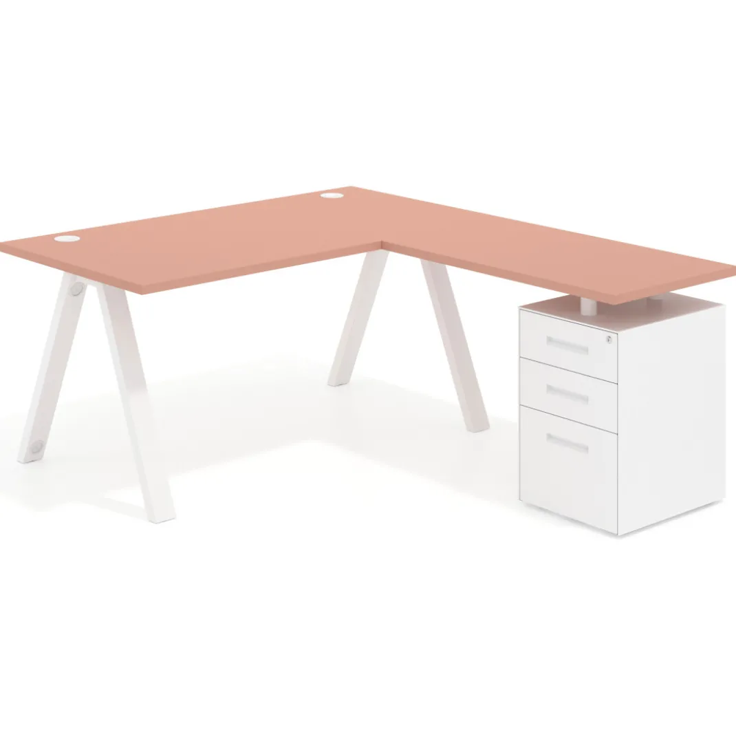 Mesa de escritorio en L con cajones UvePro, estructura blanca, ala pedestal metal