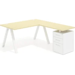 Mesa de escritorio en L con cajones UvePro, estructura blanca, ala pedestal metal