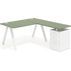 Mesa de escritorio en L con cajones UvePro, estructura blanca, ala pedestal metal