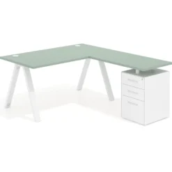 Mesa de escritorio en L con cajones UvePro, estructura blanca, ala pedestal metal