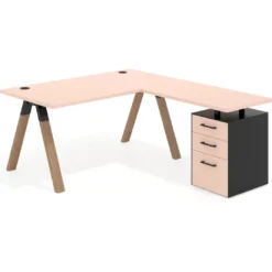 Mesa de escritorio en L con cajones UvePro, estructura negra/madera, ala pedestal melamina