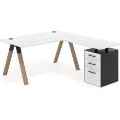 Mesa de escritorio en L con cajones UvePro, estructura negra/madera, ala pedestal melamina