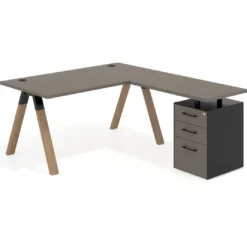 Mesa de escritorio en L con cajones UvePro, estructura negra/madera, ala pedestal melamina