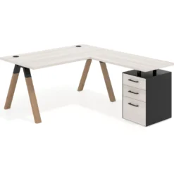 Mesa de escritorio en L con cajones UvePro, estructura negra/madera, ala pedestal melamina
