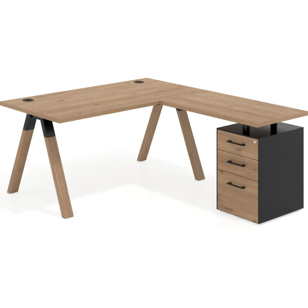 Mesa de escritorio en L con cajones UvePro, estructura negra/madera, ala pedestal melamina