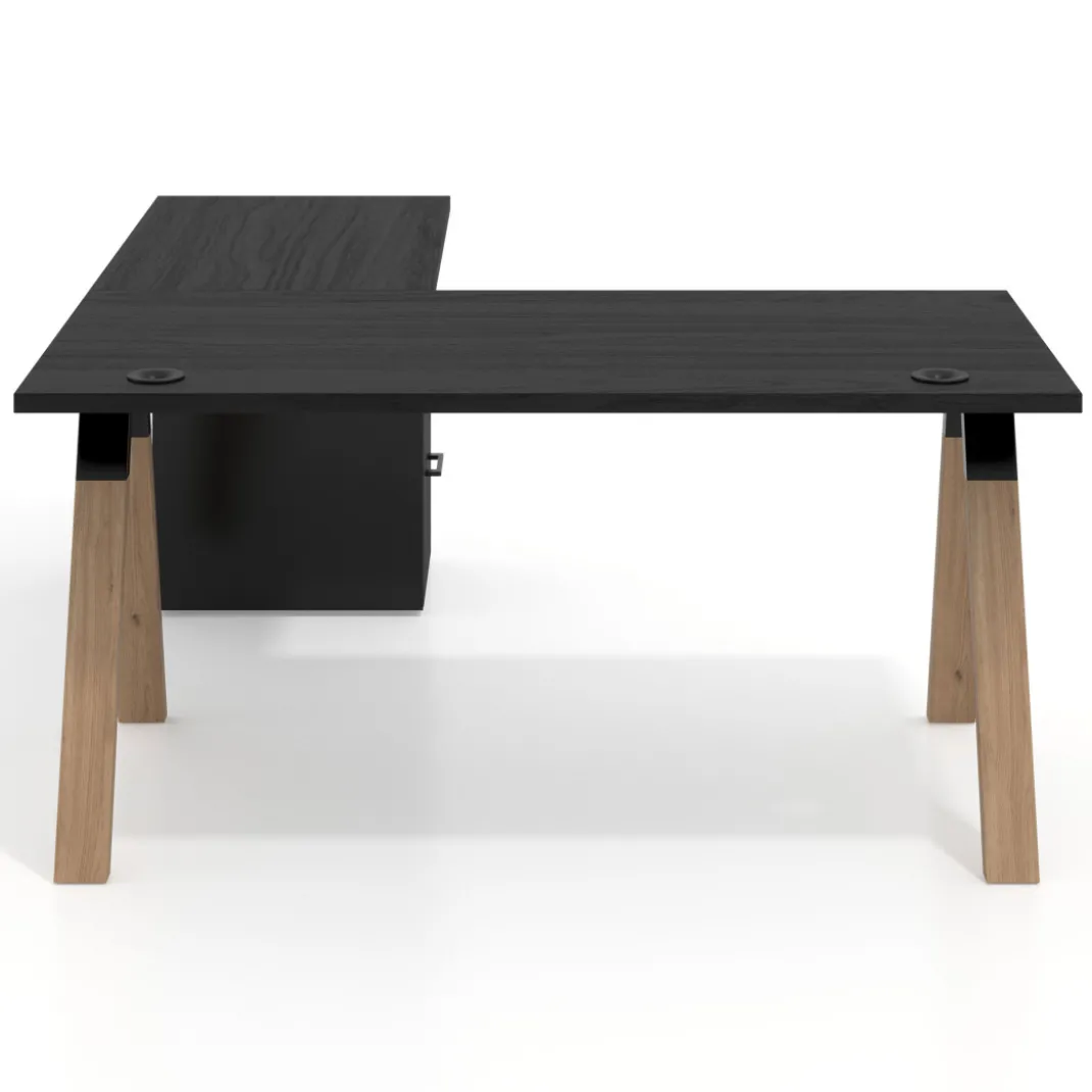Mesa de escritorio en L con cajones UvePro, estructura negra/madera, ala pedestal melamina