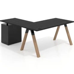 Mesa de escritorio en L con cajones UvePro, estructura negra/madera, ala pedestal melamina