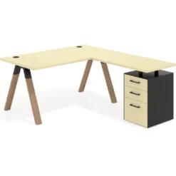 Mesa de escritorio en L con cajones UvePro, estructura negra/madera, ala pedestal melamina