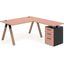 Mesa de escritorio en L con cajones UvePro, estructura negra/madera, ala pedestal melamina