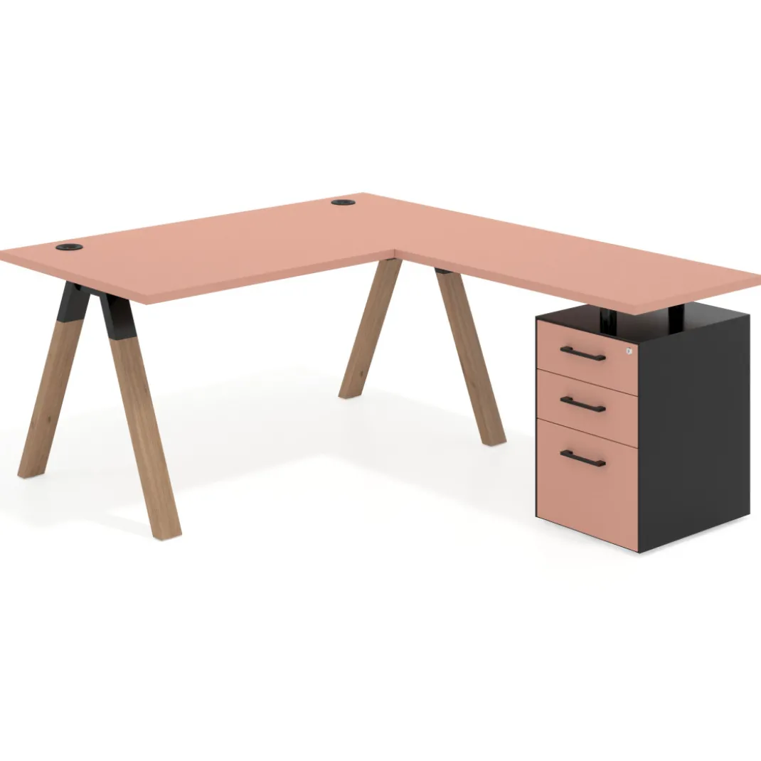 Mesa de escritorio en L con cajones UvePro, estructura negra/madera, ala pedestal melamina