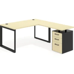 Mesa de escritorio en L con cajones Delta, estructura negra, ala pedestal melamina