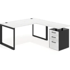 Mesa de escritorio en L con cajones Delta, estructura negra, ala pedestal melamina