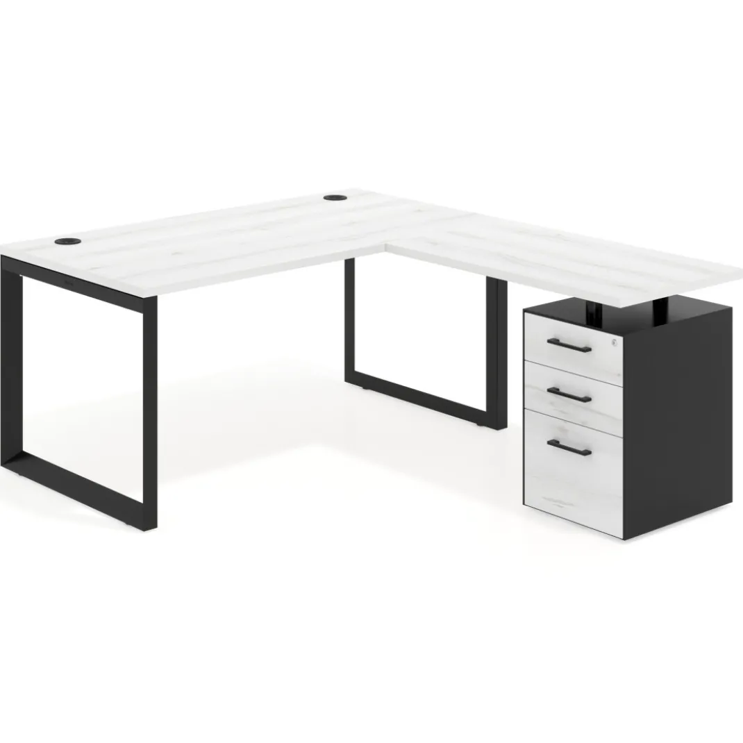 Mesa de escritorio en L con cajones Delta, estructura negra, ala pedestal melamina