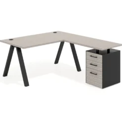 Mesa de escritorio en L con cajones UvePro, estructura negra, ala pedestal melamina