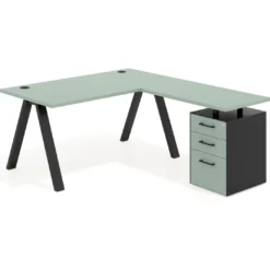 Mesa de escritorio en L con cajones UvePro, estructura negra, ala pedestal melamina