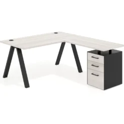 Mesa de escritorio en L con cajones UvePro, estructura negra, ala pedestal melamina