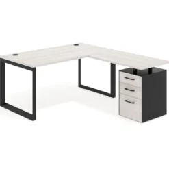 Mesa de escritorio en L con cajones UvePro, estructura negra, ala pedestal melamina