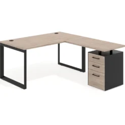 Mesa de escritorio en L con cajones UvePro, estructura negra, ala pedestal melamina