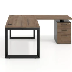 Mesa de escritorio en L con cajones UvePro, estructura negra, ala pedestal melamina