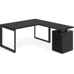 Mesa de escritorio en L con cajones UvePro, estructura negra, ala pedestal melamina