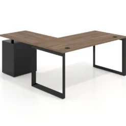 Mesa de escritorio en L con cajones UvePro, estructura negra, ala pedestal melamina