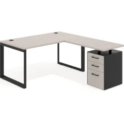 Mesa de escritorio en L con cajones Delta, estructura negra, ala pedestal melamina